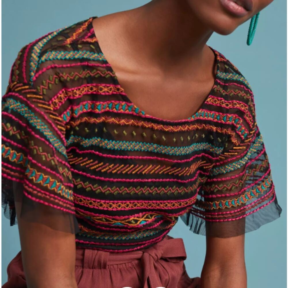 Anthropologie Maeve Sz M Naples Embroidered Sheer Mesh Top Fairy Festival Boho